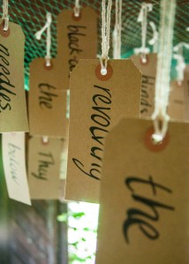 Beneath The Boughs poetry installation: created by Katie Hale at Lowther Castle & Gardens, Cumbria. Funded by Arts Council England.