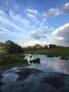 Flooded river with a blue sky overhead